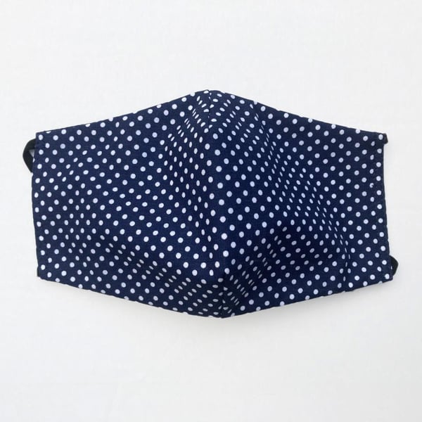 Navy Polka Dots Face Mask. Triple layered. 100 % Cotton Fabric.