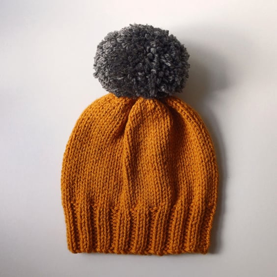 Bobble Hat in Mustard Chunky Yarn with Mid Grey Pom Pom