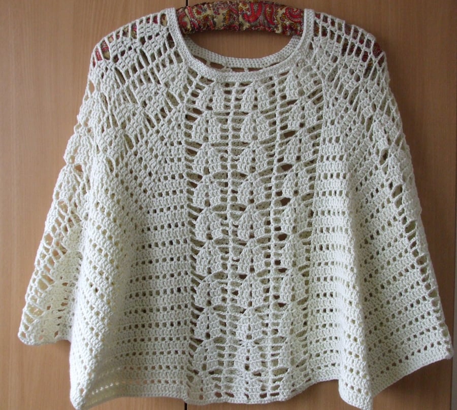 Crocheted Cream Lacy Poncho - Folksy