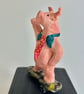 Hand-Built Ceramic Skateboard Pig Sculpture on Wood Block - Image 3