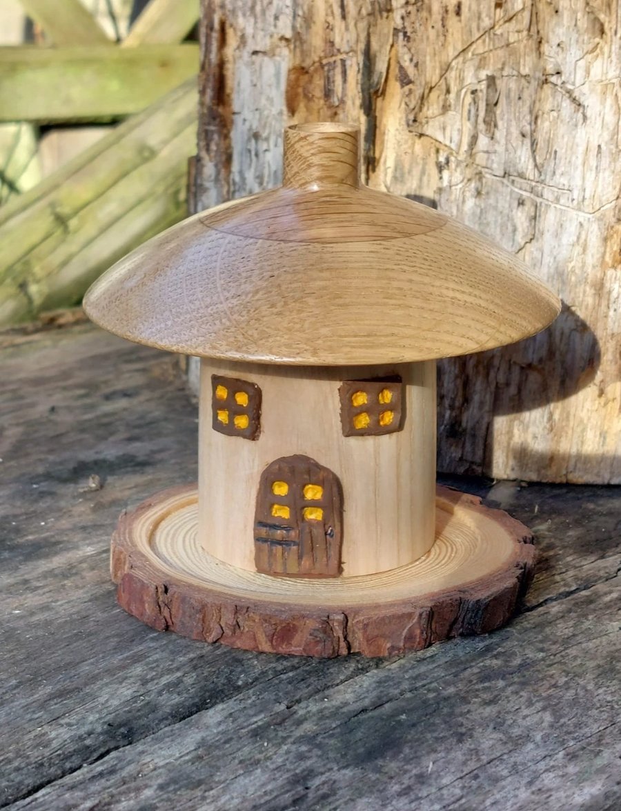 Quirky Hand crafted Wood turned Fairy Toadstool Cottage Incense Burner and cones