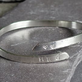 HUG and Hearts Bangle, Recycled Sterling Silver 