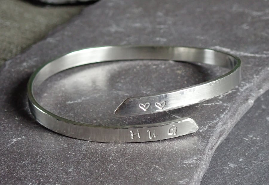 HUG and Hearts Bangle, Recycled Sterling Silver 