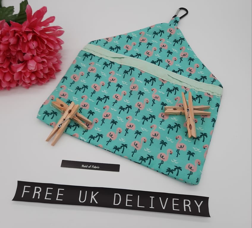 Peg bag, small, sale,  clip on, flamingo fabric with green lining.
