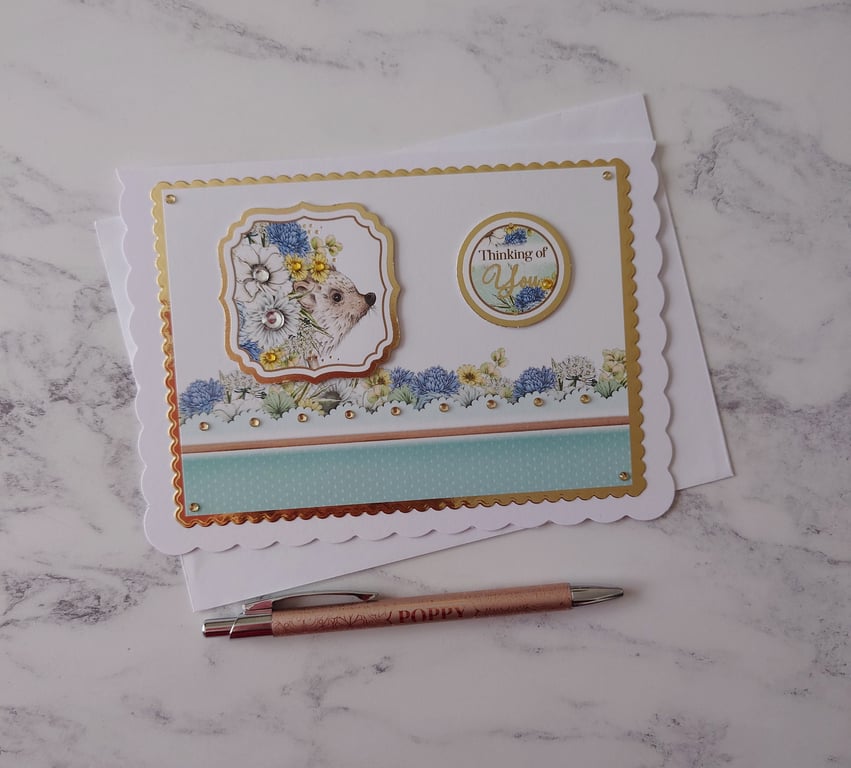 Thinking of You Hedgehog Flowers 3D Luxury Handmade Card