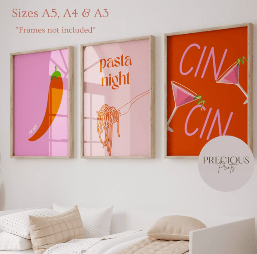 Set of 3 Cin Cin Pasta Night Kitchen Bar Trendy Art Modern Print Preppy Wall Art