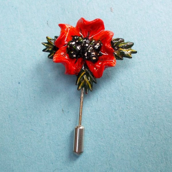 Red FIELD POPPY PIN Clay Remembrance Lapel Flower Brooch HANDMADE HAND PAINTED