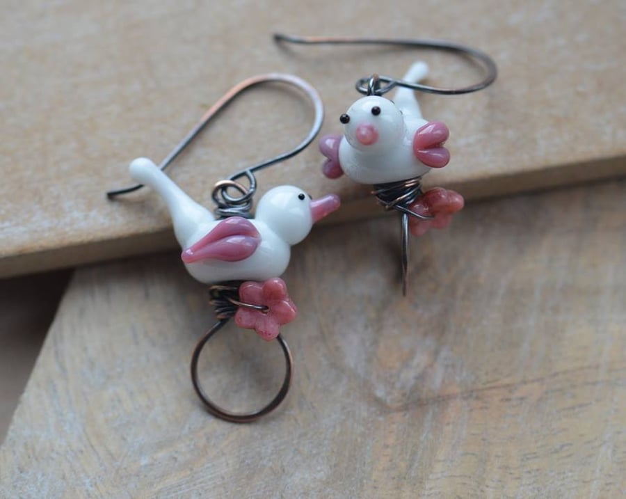 Handmade Copper Earrings with White and Pink Lampwork Glass Bird Beads
