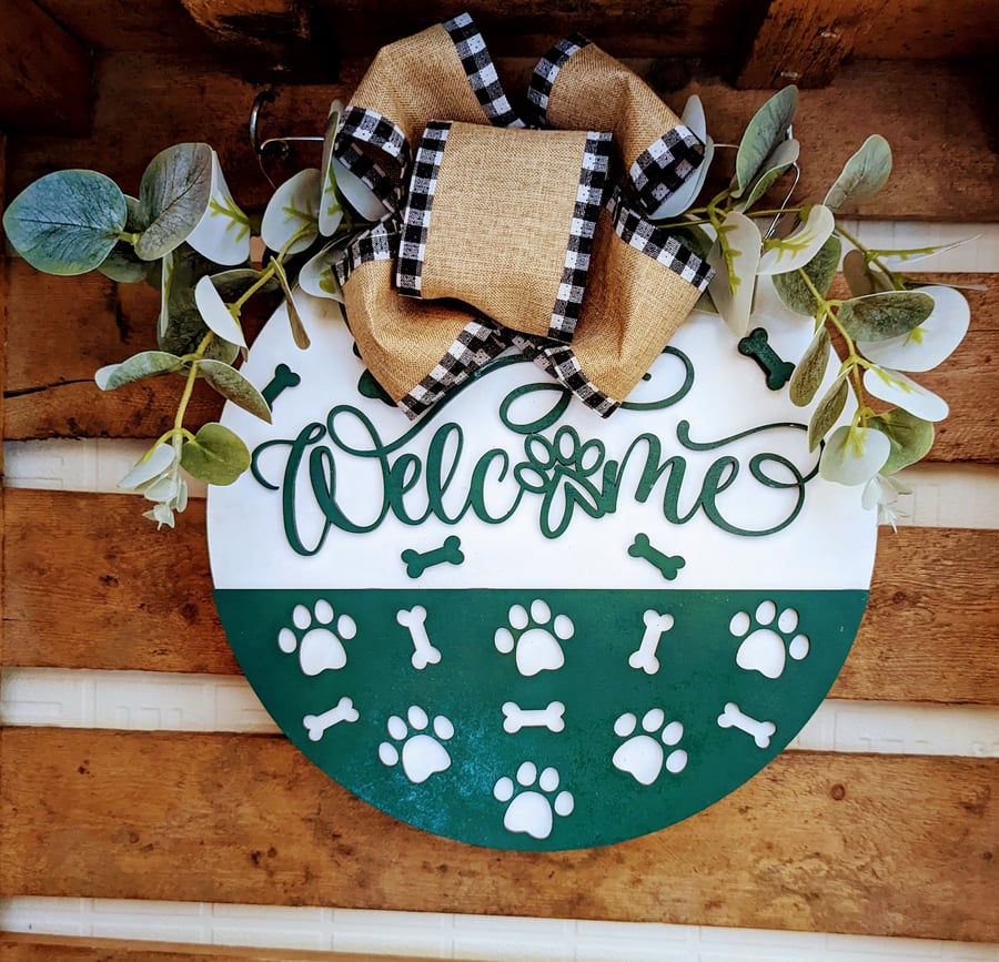 Welcome farmhouse sign - vintage wooden sign dogs