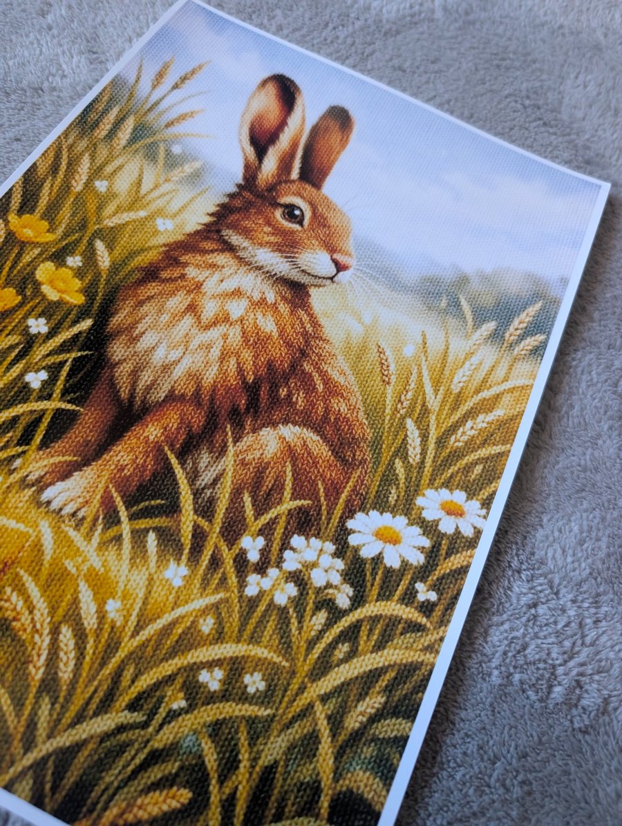 British wild hare knitted scene A4 Photo print. British wildlife. 