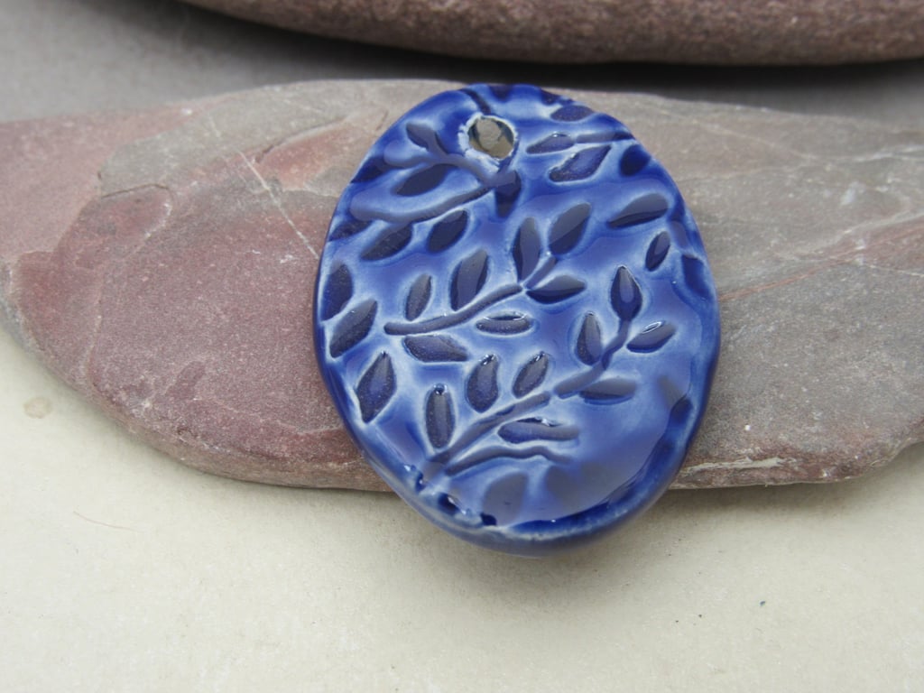 Large Cobalt Blue Leaf Sprig Ceramic Pendant