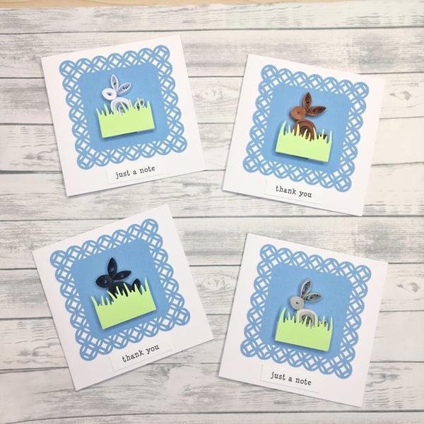 CUSTOM ORDER - H.LONG Pack of 4 cards - quilled bunnies - add your own greeting