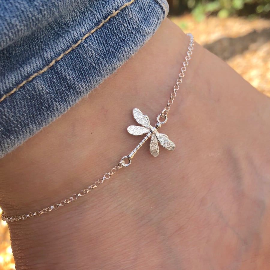 Dragonfly Sterling Silver anklet 10 to 11 inches
