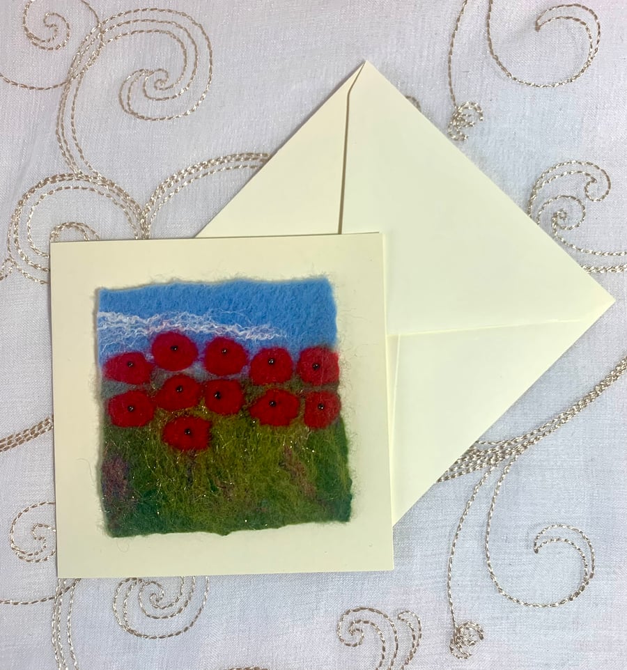 Handmade Felt Blank Card Red Poppies