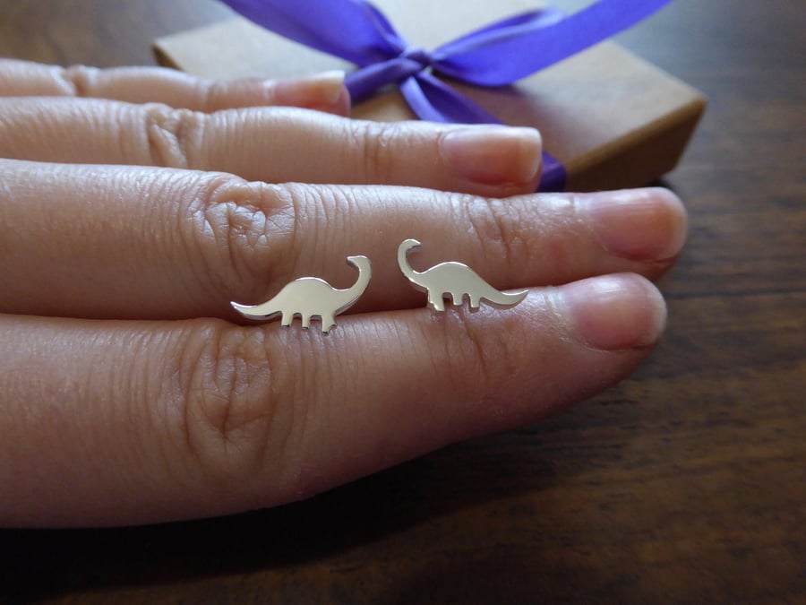 Dinosaur Earrings, Brontosaurus Studs in Silver