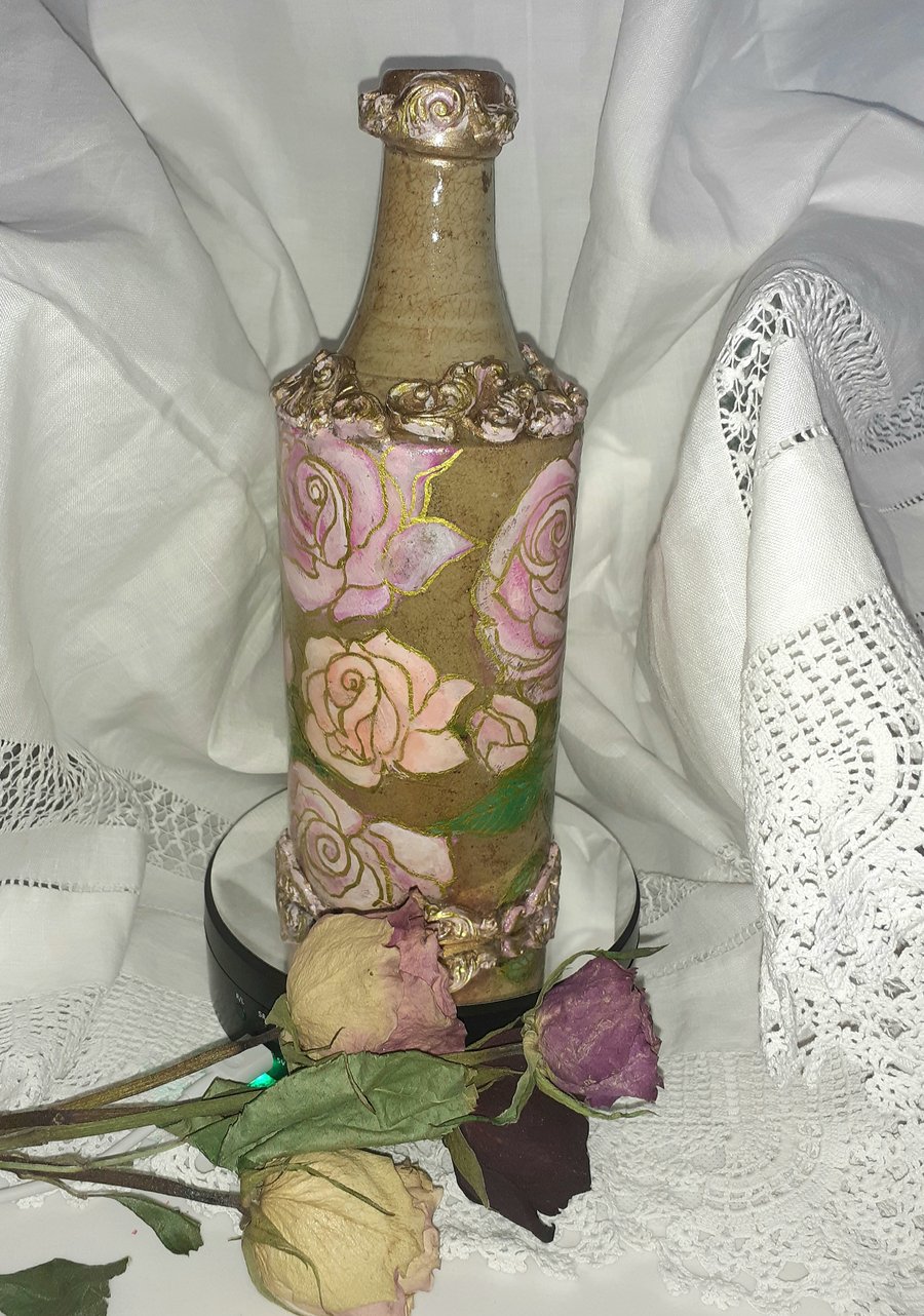 Vintage Stoneware Roses    hand painted bottle 
