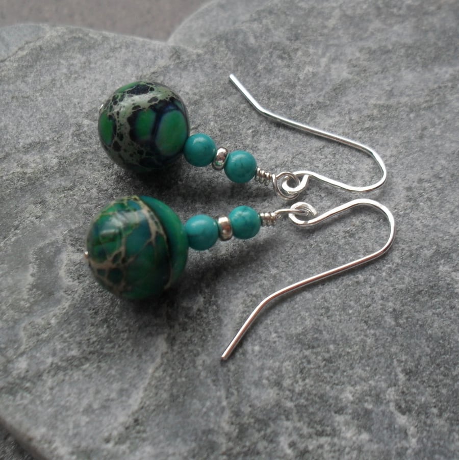 Variscite and Turquoise Sterling Silver Drop Earrings