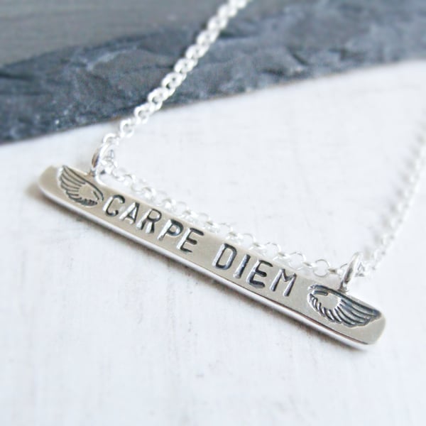 Sterling Silver CARPE DIEM Stamped Phrase Winged Bar Pendant Necklace