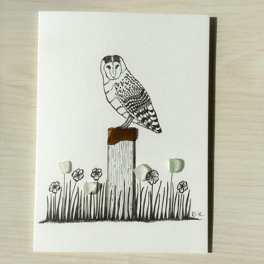 SALE-Hand drawn ‘owl’ greeting card with Cornish sea glass 