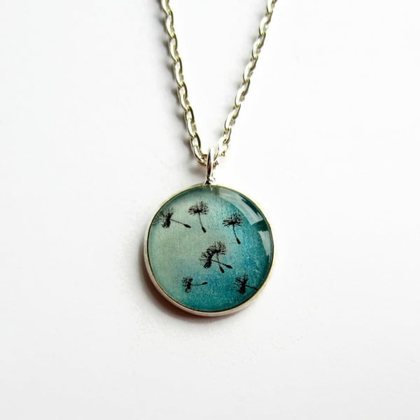 Turquoise Blue Dandelion Seeds Resin Necklace - 18mm