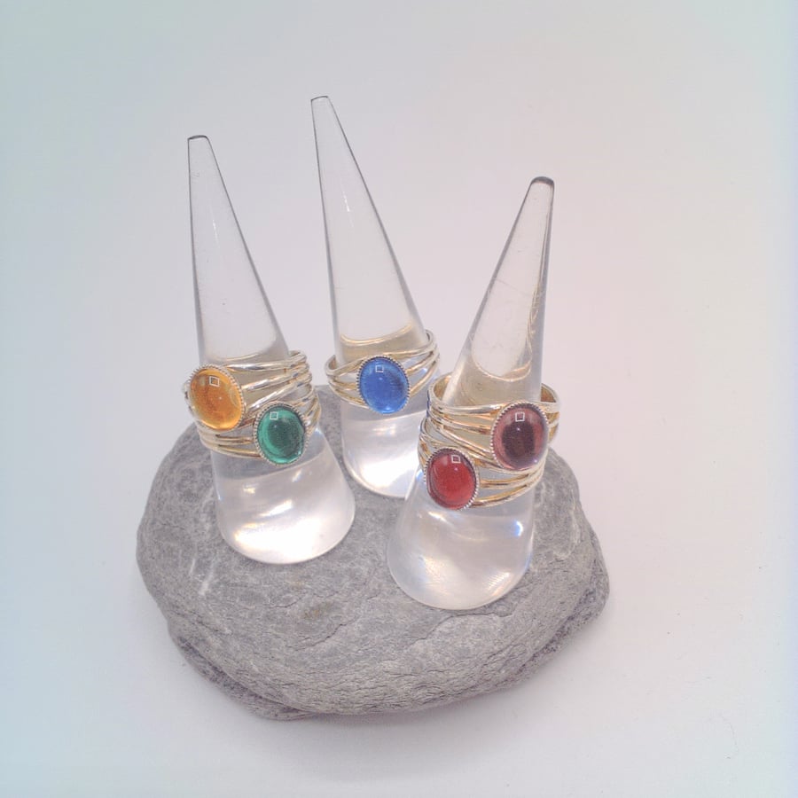  Adjustable Cabochon Silver Plated Ring with a Choice of Colour, Gift for Her 