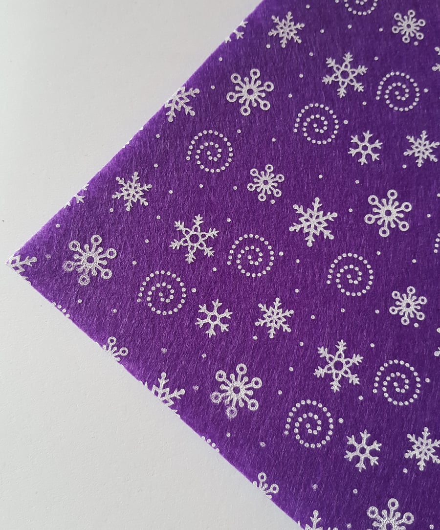 1 x Printed Felt Square - 12" x 12" - Snowflakes & Swirls - Purple 