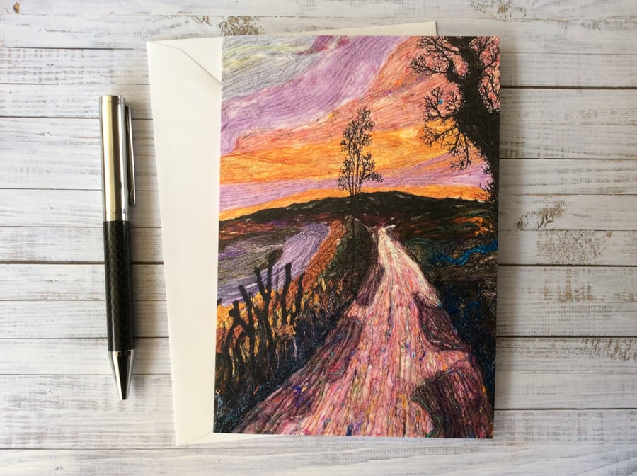 Sunset country lane landscape printed greetings card.  