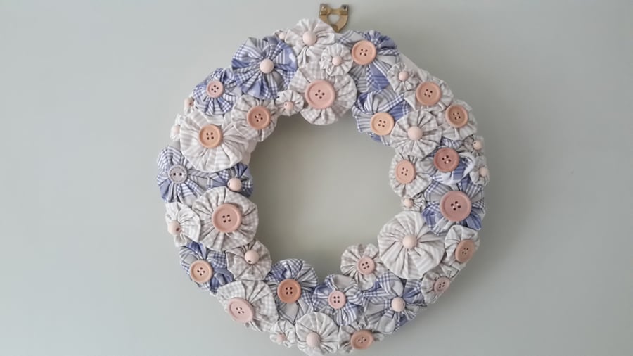 SALE Hand Sewn Suffolk Puff Fabric Wreath, wall hanging, wall decoration 