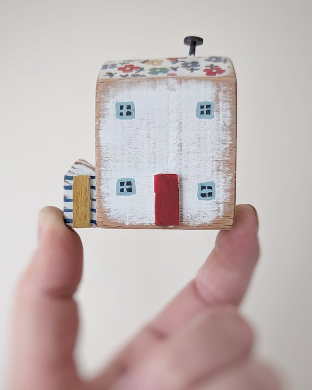 Little Handmade Painted Wooden House with Teeny Side Shed