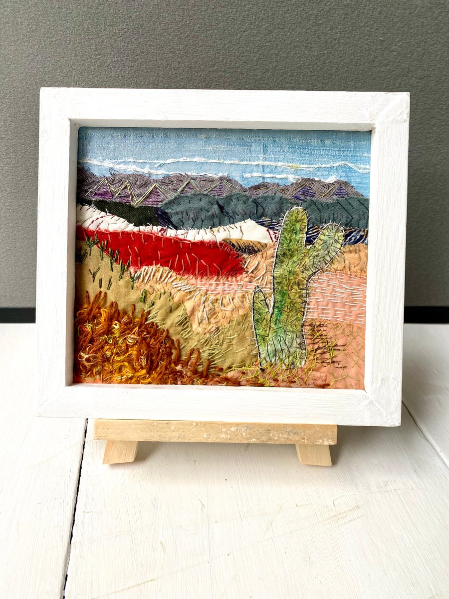 Cactus landscape in South America, hand embroidered collage