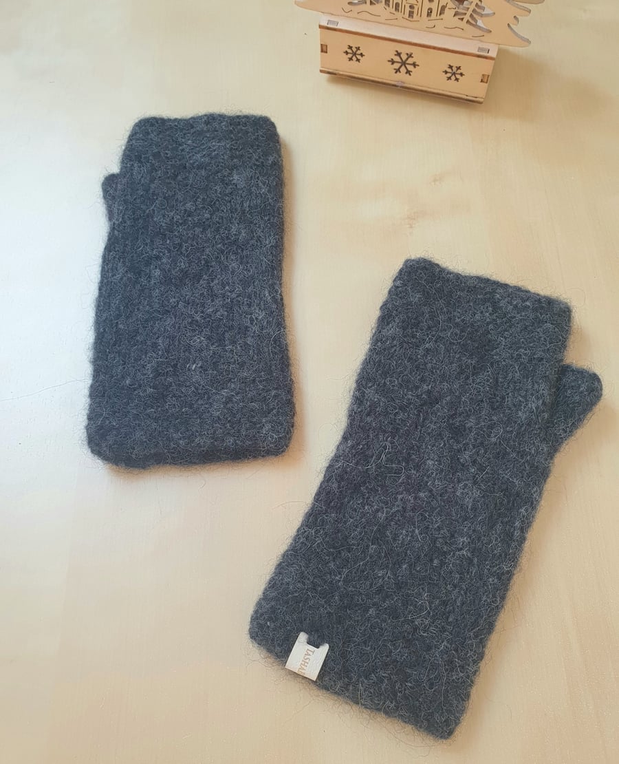 Knitted alpaca mittens,  Anthracite wool mittens,  Fingerless gloves 