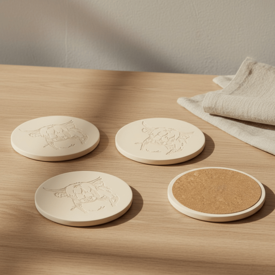 Beige Highland Cow Coasters Set of 4 Round Drinks Coasters