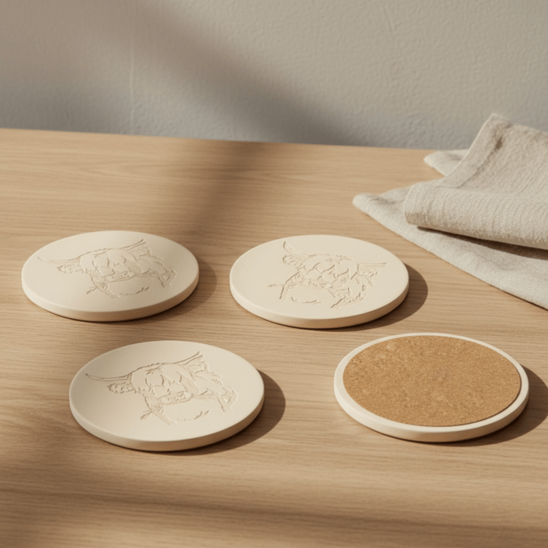 Beige Highland Cow Coasters Set of 4 Round Drinks Coasters