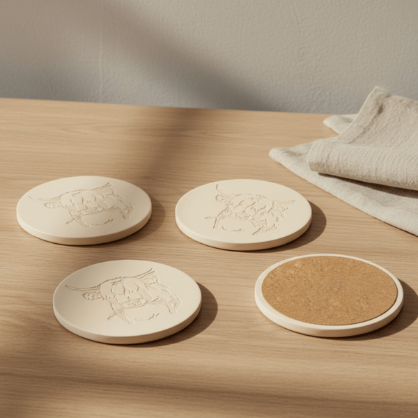 Beige Highland Cow Coasters Set of 4 Round Drinks Coasters