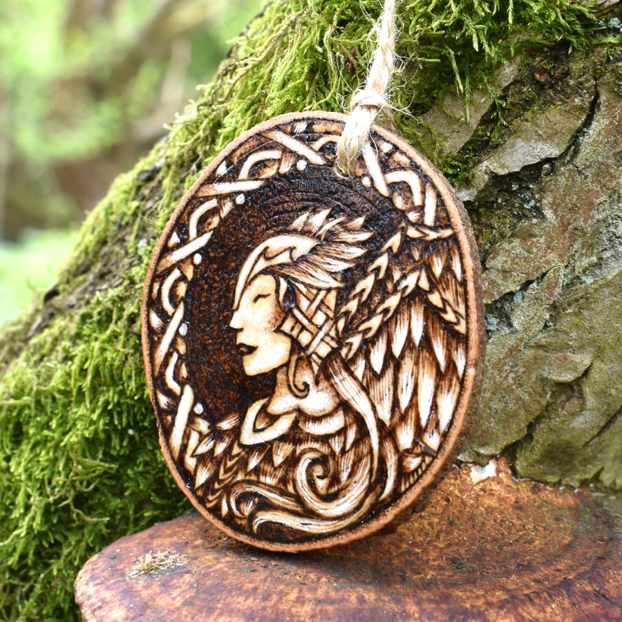 Pyrography Valkyrie, hanging wood slice decoration gift.