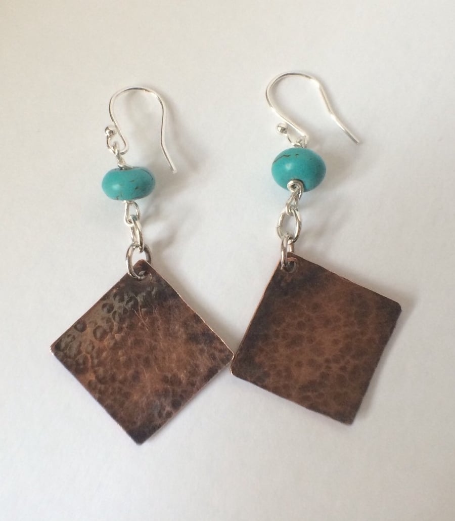 Hammer Textured Copper Turquoise Long Dangle Earrings with Sterling Silver