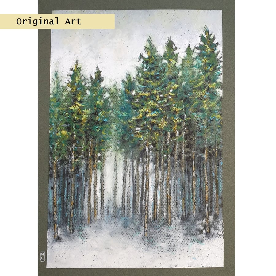 Winter Forest original oil pastel painting, A4 size artwork, landscape art