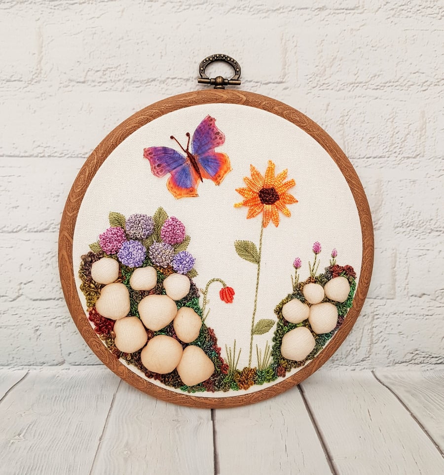 Sunflower Butterfly and Rockery Hand Embroidered Hoop Art, Stumpwork Embroidery 