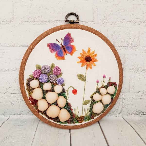 Sunflower Butterfly and Rockery Hand Embroidered Hoop Art, Stumpwork Embroidery 