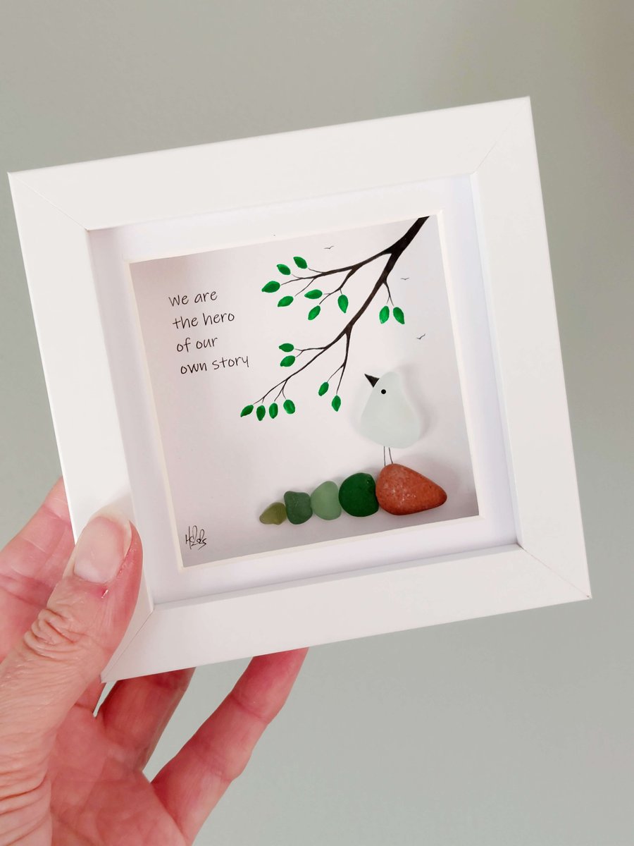 Sea Glass Bird Picture - Framed Wall Art Affirmation Quote Gift for Friends