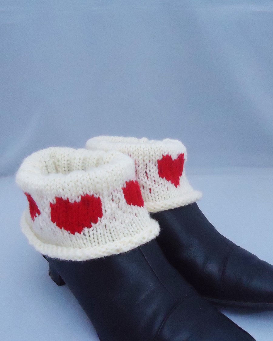 Hand Knit Boot Cuffs with Heart, Women Leg Warmer with Heart, White Boot Cuffs