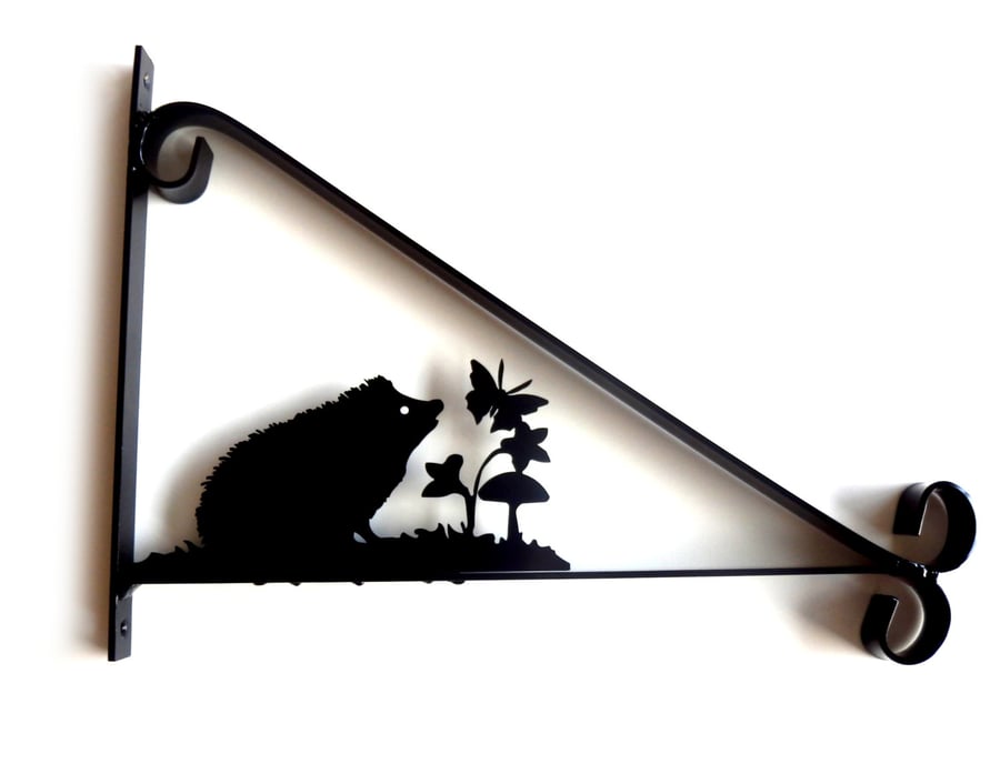 Hedgehog with Butterfly & Plants Silhouette Scroll Style Hanging Basket Bracket