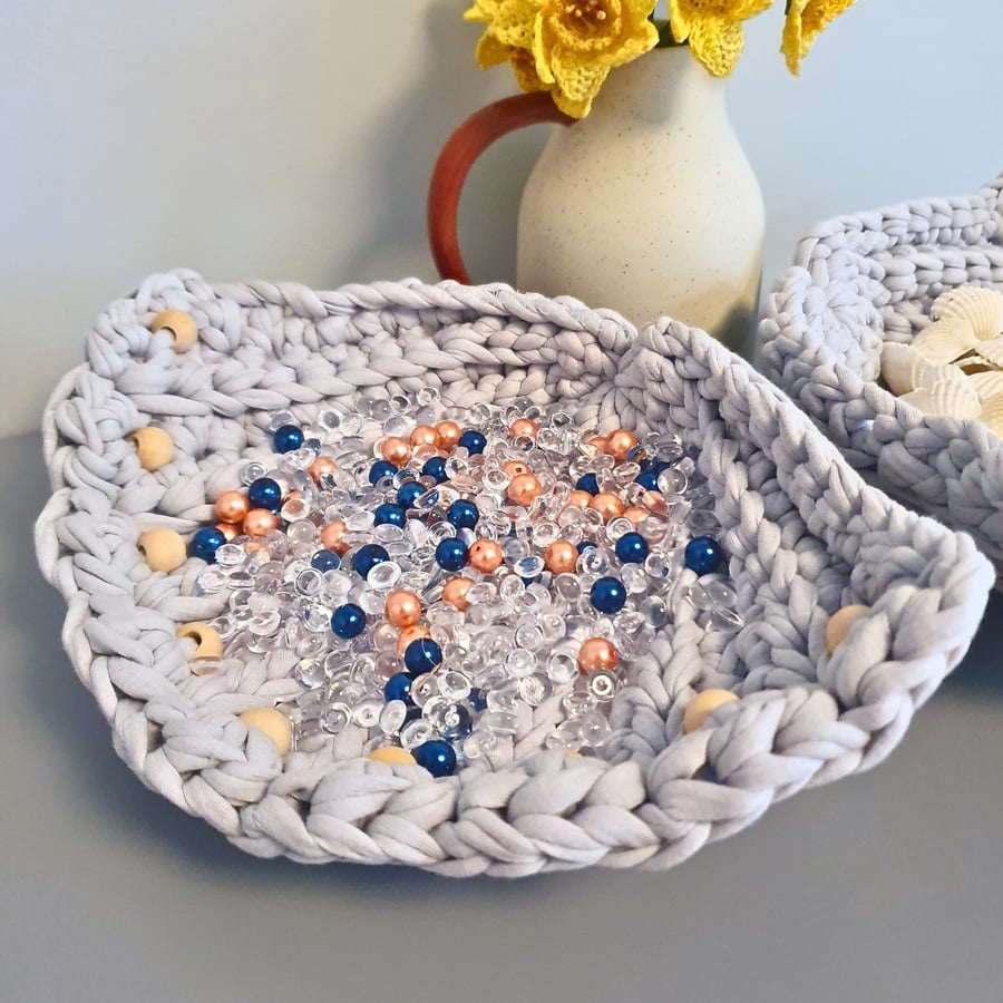 Seashell Trinket Dish With Wooden Beads, Light Grey Crochet Trinket Bowl