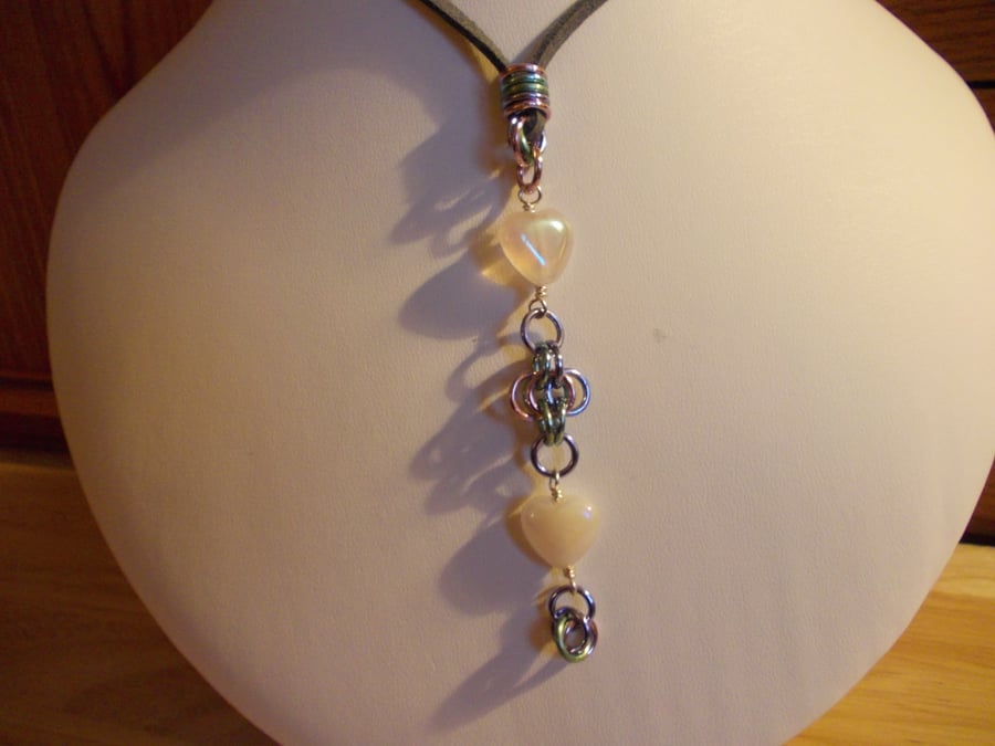 Mystic rose quartz and chainmaille pendant