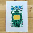 Personalised folk art painting, green vase flowers A5 acrylic original artwork  
