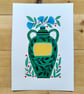 Personalised folk art painting, green vase flowers A5 acrylic original artwork  