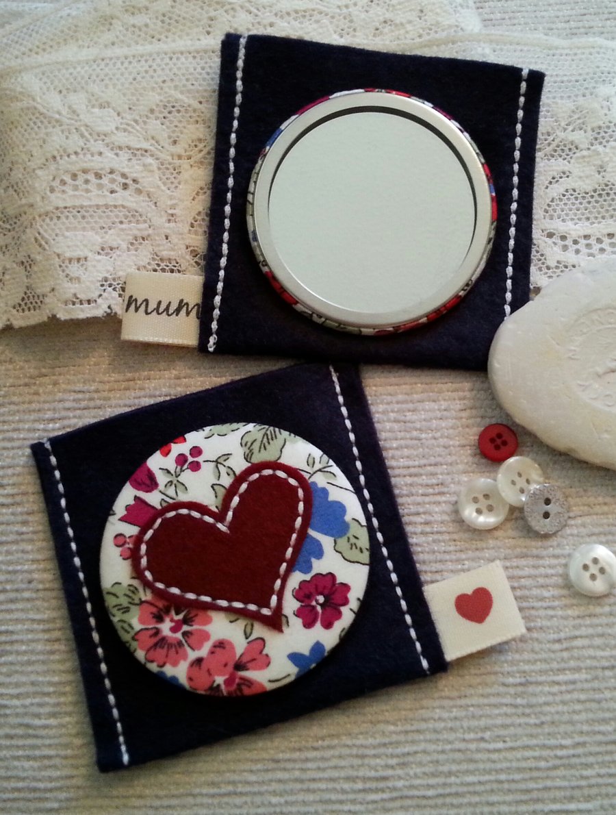 Gift for mum-Liberty Print Heart Applique Mirror and Pouch.