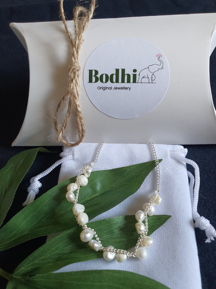 Woven fresh water pearl necklace silver 24 inch chain