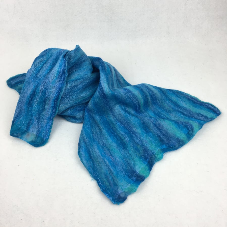 Nuno felted merino wool and cotton scarf shades of blue