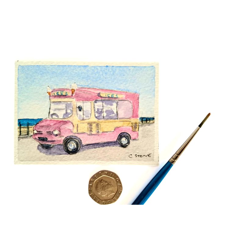 Original ACEO Miniature Watercolour Painting Classic Ice Cream Van 1970's